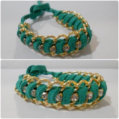 Pulseira camurça com corrente verde água