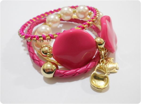 Conjunto pulseira pink com pérola